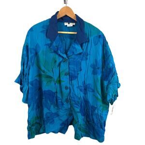 VTG Solitaire Womens‎ Blue Green Floral Button Down Shirt Rayon Short Sleeve 22W